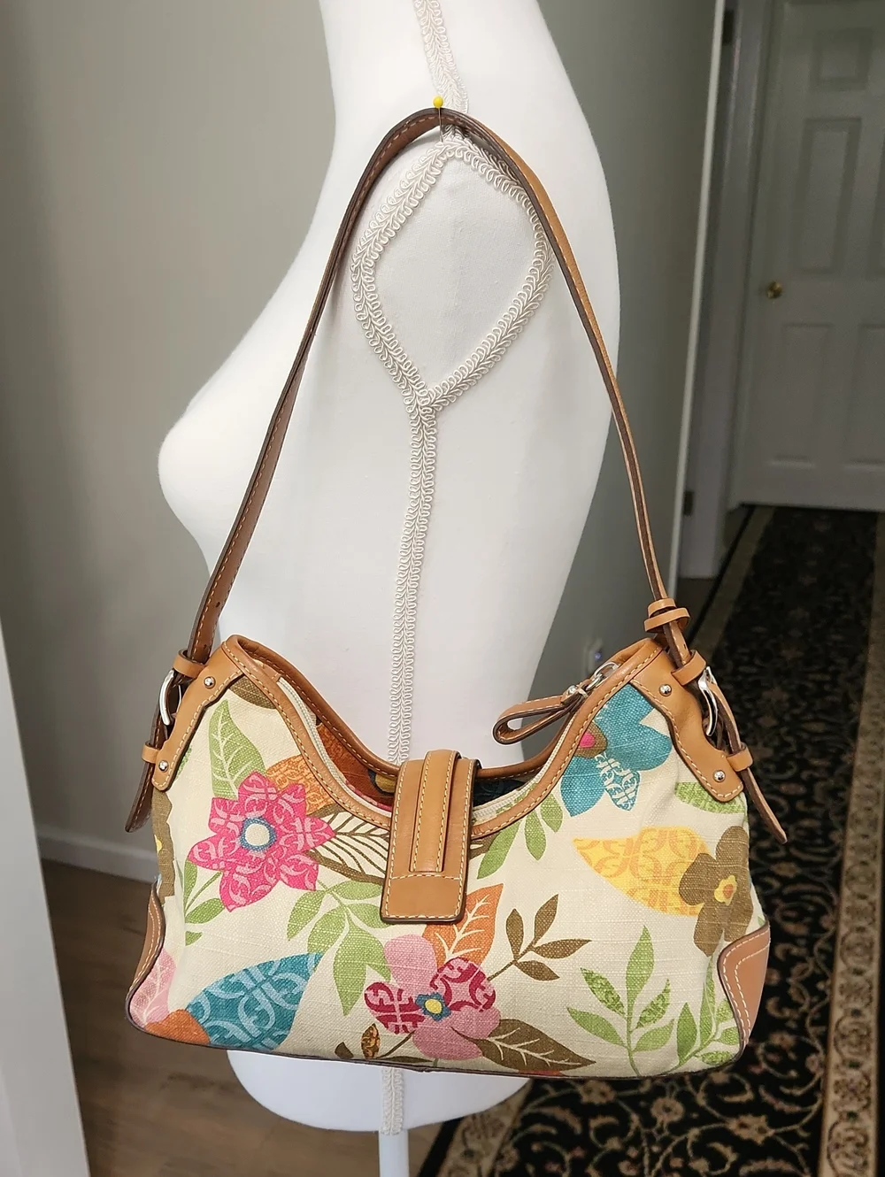 Vintage Fossil Floral Canvas Shoulder Bag Leather Trim Y2k - Picture 3 of 17